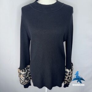 1126 Michael Kors Faux Fur Cuff Sweater Size L - Black/Leopard